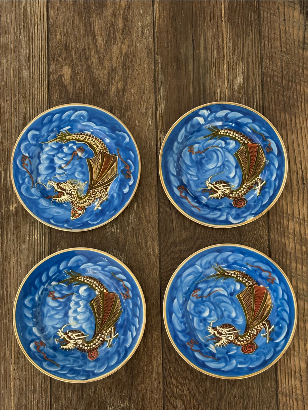 Vintage Dragonware Set of 4 Japanese Blue Moriage Plates 7.5" .
